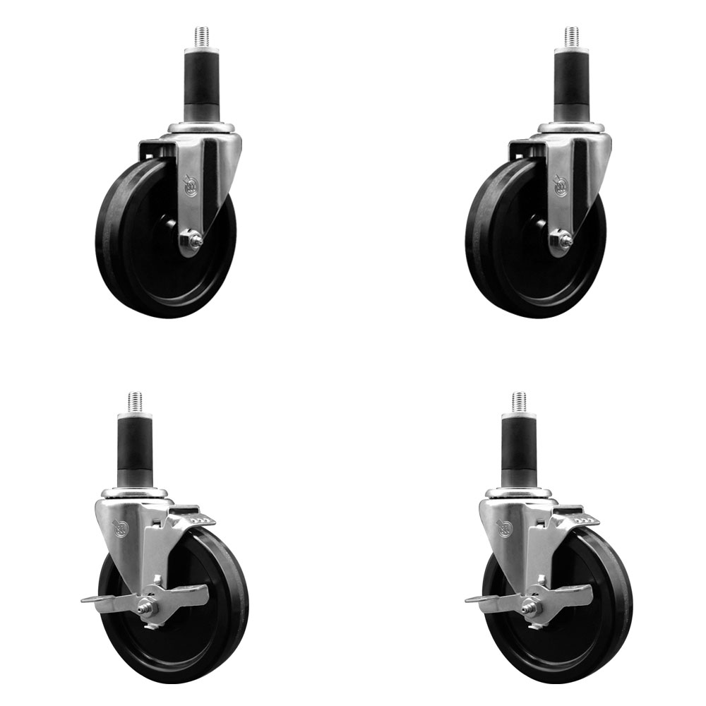 Stainless Steel Phenolic Swivel Expanding Stem Caster Set of 4 with 5 Inch Black Wheels and 1-1/4" Stems - Includes 2 with Top Locking Brakes - 1200 lbs Total Capacity - Service Caster Brand — photo 1