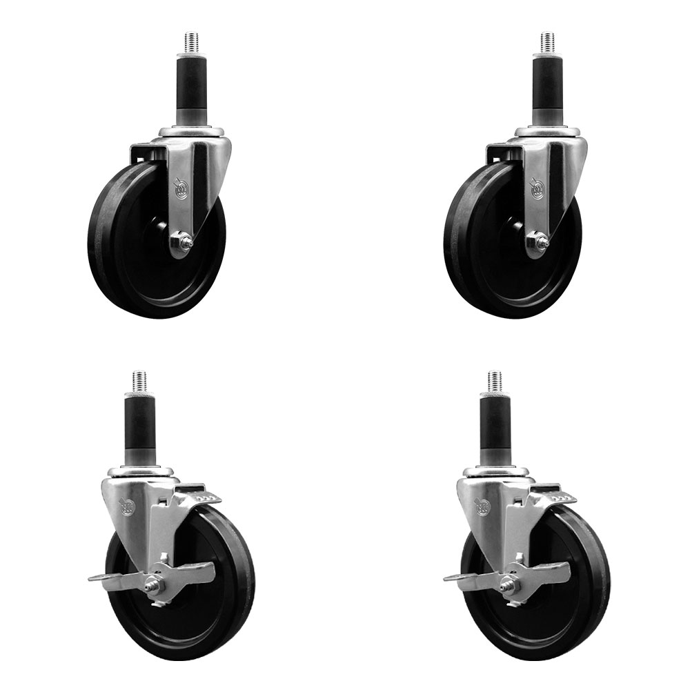 Stainless Steel Phenolic Swivel Expanding Stem Caster Set of 4 with 5 Inch Black Wheels and 1-1/8" Stems - Includes 2 with Top Locking Brakes - 1200 lbs Total Capacity - Service Caster Brand — photo 1