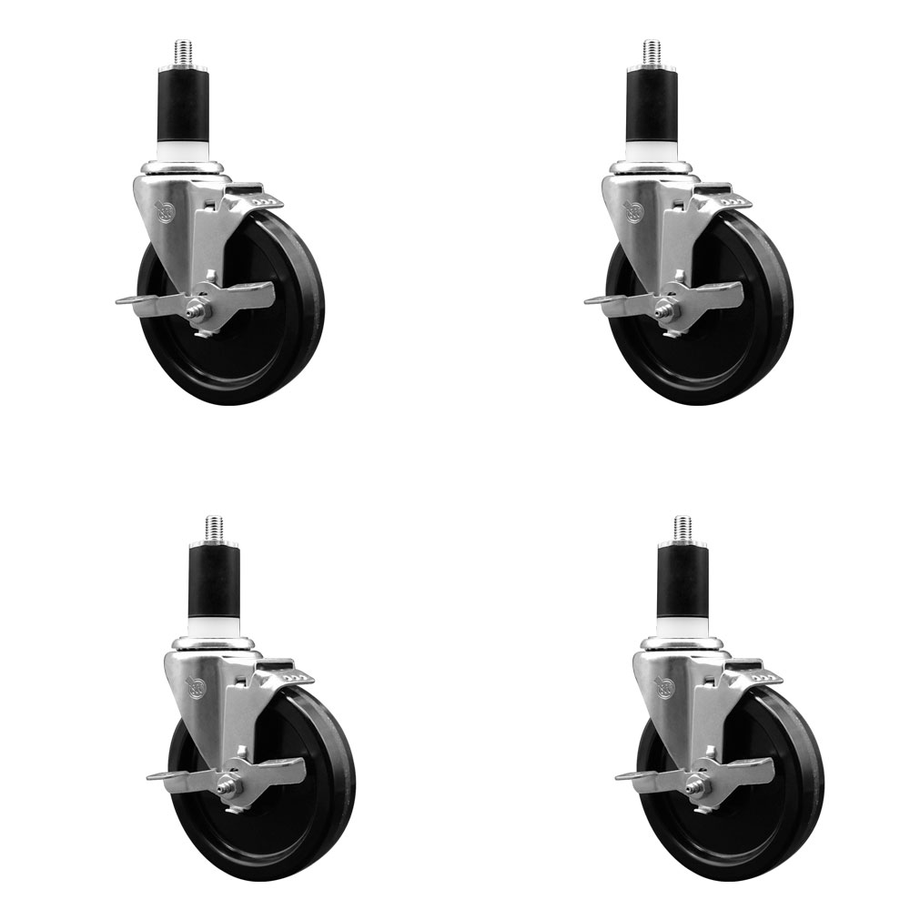 Stainless Steel Phenolic Swivel Expanding Stem Caster Set of 4 with 5 Inch Black Wheels and 1-1/2" Stems - 4 Swivel with Top Locking Brakes - 300 lbs. Capacity Per Caster - Service Caster Brand — photo 1