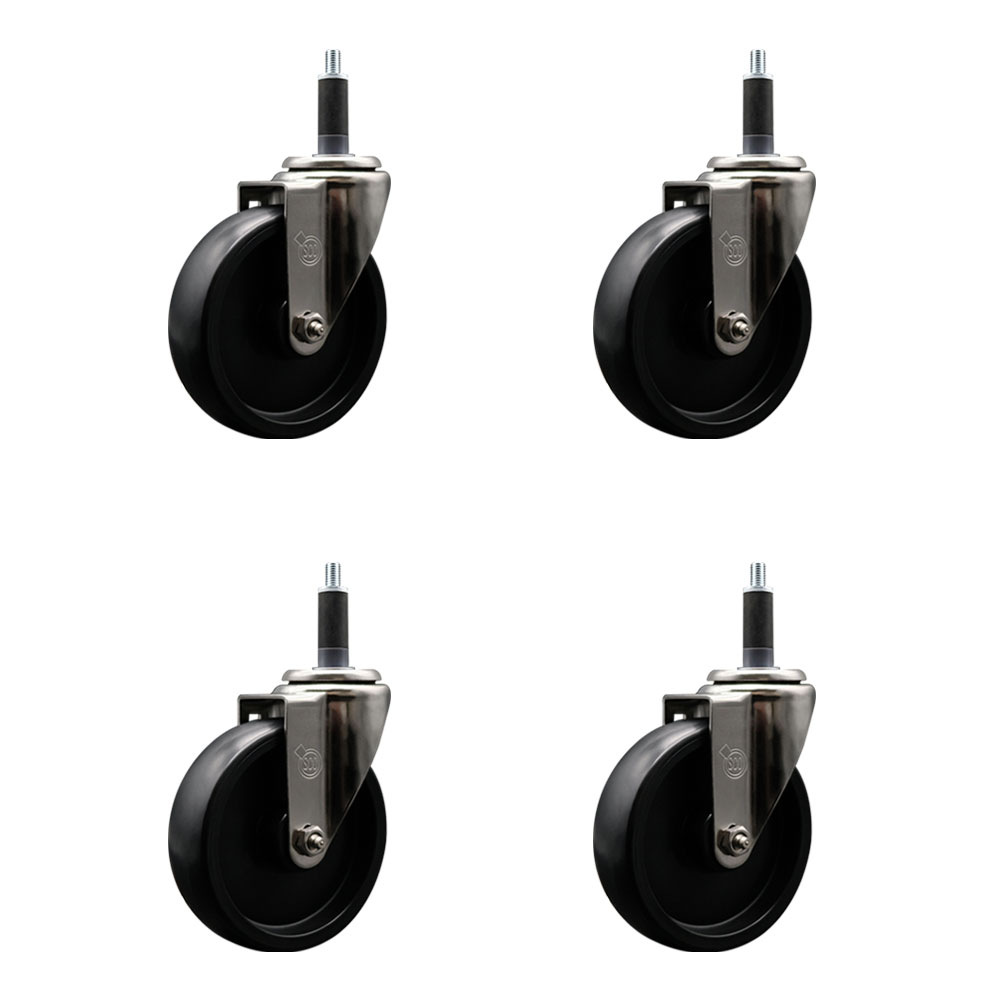 Stainless Steel Polyolefin Swivel Expanding Stem Caster Wheels Set of 4 with 5 Inch Black Wheels and 1" Stems - Includes 4 Swivel - 1400 lbs. Total Capacity - Service Caster Brand — photo 1