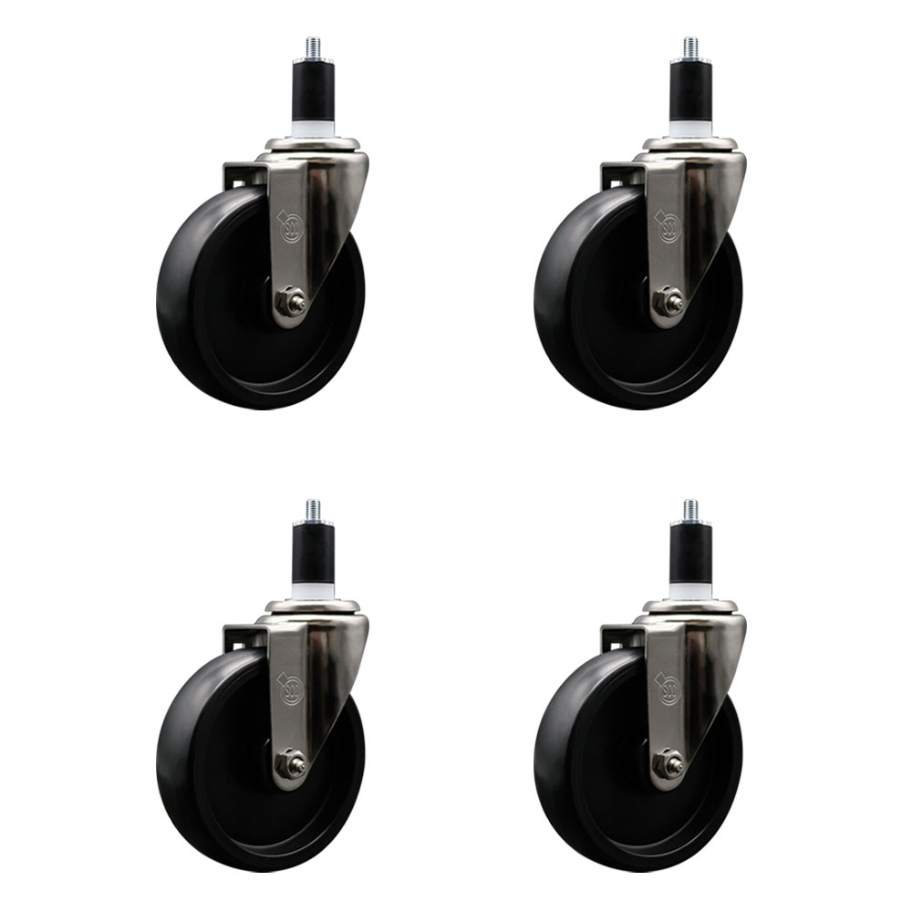 Stainless Steel Polyolefin Swivel Expanding Stem Caster Wheels Set of 4 with 5 Inch Black Wheels and 1-1/2" Stems - Includes 4 Swivel - 1400 lbs. Total Capacity - Service Caster Brand — photo 1