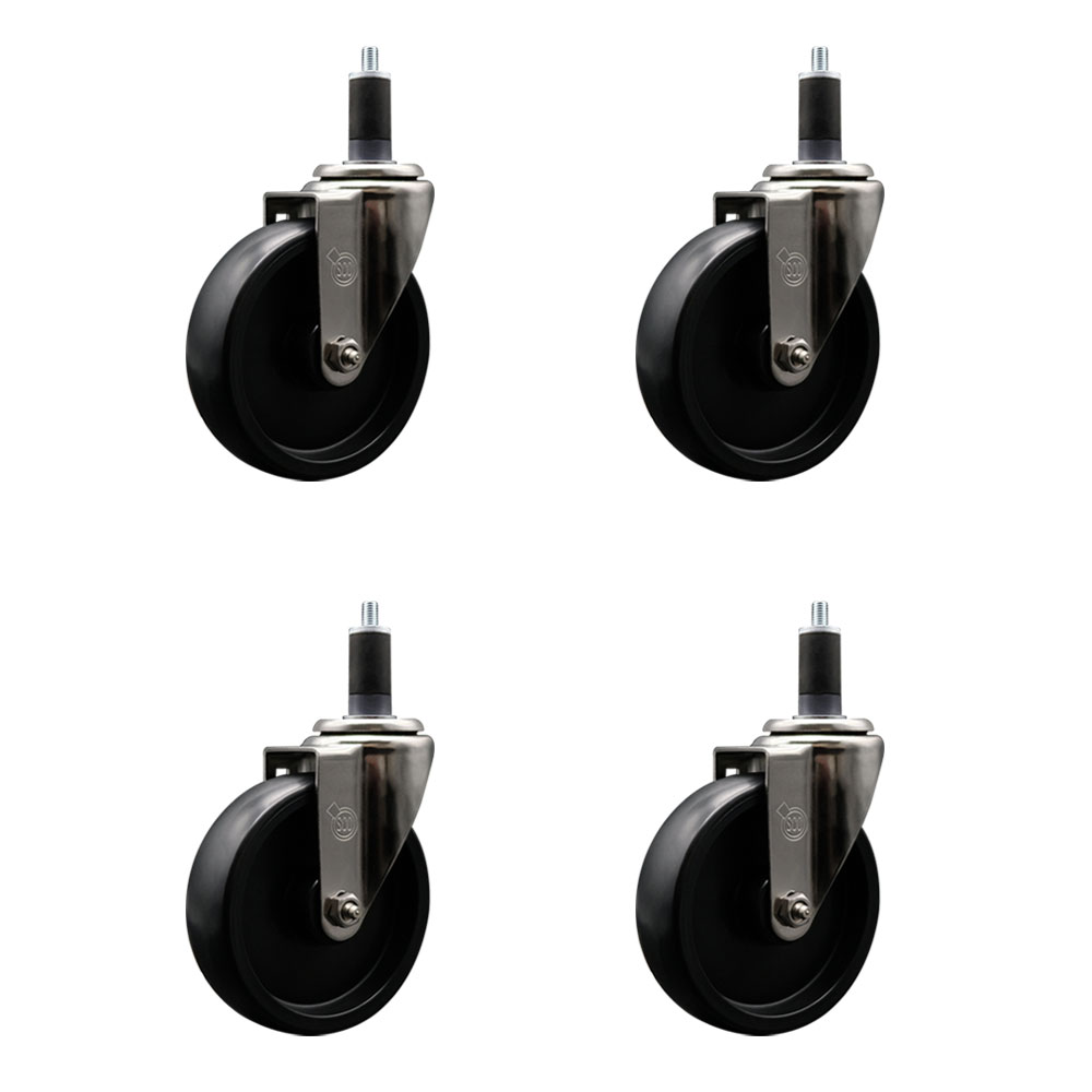 Stainless Steel Polyolefin Swivel Expanding Stem Caster Wheels Set of 4 with 5 Inch Black Wheels and 1-1/4" Stems - Includes 4 Swivel - 1400 lbs. Total Capacity - Service Caster Brand — photo 1