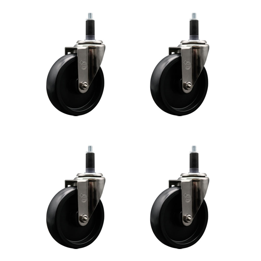 Stainless Steel Polyolefin Swivel Expanding Stem Caster Wheels Set of 4 with 5 Inch Black Wheels and 1-1/8" Stems - Includes 4 Swivel - 1400 lbs. Total Capacity - Service Caster Brand — photo 1