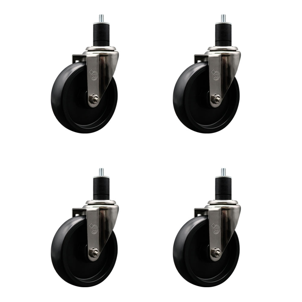 Stainless Steel Polyolefin Swivel Expanding Stem Caster Wheels Set of 4 with 5 Inch Black Wheels and 1-3/4" Stems - Includes 4 Swivel - 1400 lbs. Total Capacity - Service Caster Brand — photo 1