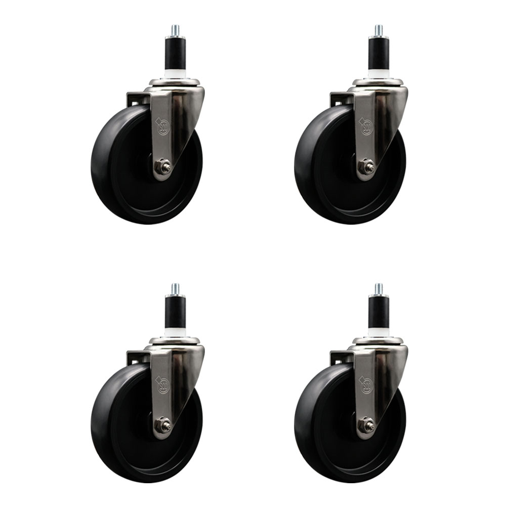 Stainless Steel Polyolefin Swivel Expanding Stem Caster Wheels Set of 4 with 5 Inch Black Wheels and 1-3/8" Stems - Includes 4 Swivel - 1400 lbs. Total Capacity - Service Caster Brand — photo 1