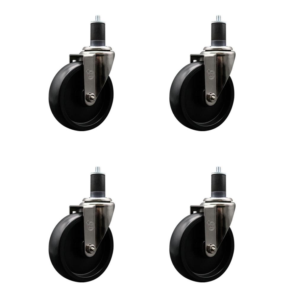 Stainless Steel Polyolefin Swivel Expanding Stem Caster Wheels Set of 4 with 5 Inch Black Wheels and 1-5/8" Stems - Includes 4 Swivel - 1400 lbs. Total Capacity - Service Caster Brand — photo 1
