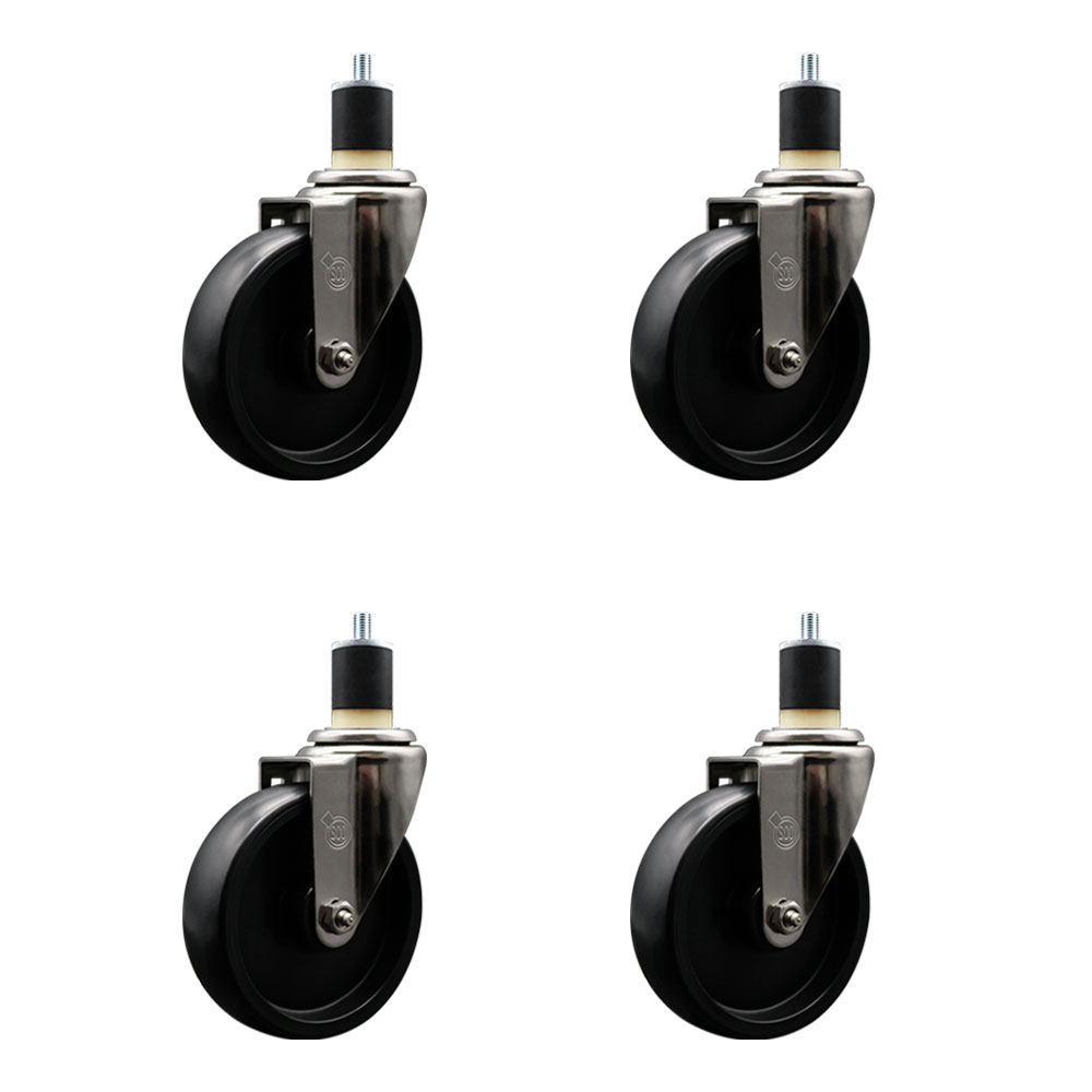 Stainless Steel Polyolefin Swivel Expanding Stem Caster Wheels Set of 4 with 5 Inch Black Wheels and 1-7/8" Stems - Includes 4 Swivel - 1400 lbs. Total Capacity - Service Caster Brand — photo 1