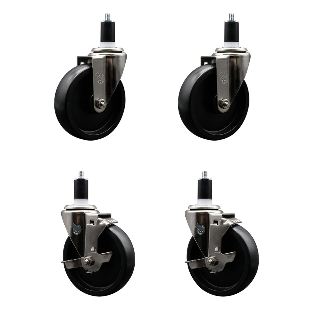 Stainless Steel Polyolefin Swivel Expanding Stem Caster Wheels Set of 4 with 5 Inch Black Wheels and 1-1/2" Stems-Includes 2 Swivel with Top Lock Brakes-1400 lbs. Total Capacity - Service Caster Brand — photo 1