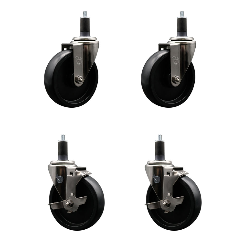 Stainless Steel Polyolefin Swivel Expanding Stem Caster Wheels Set of 4 with 5 Inch Black Wheels and 1-1/4" Stems-Includes 2 Swivel with Top Lock Brakes-1400 lbs. Total Capacity - Service Caster Brand — photo 1