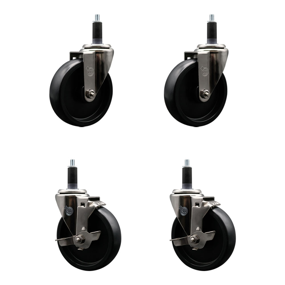 Stainless Steel Polyolefin Swivel Expanding Stem Caster Wheels Set of 4 with 5 Inch Black Wheels and 1-1/8" Stems-Includes 2 Swivel with Top Lock Brakes-1400 lbs. Total Capacity - Service Caster Brand — photo 1