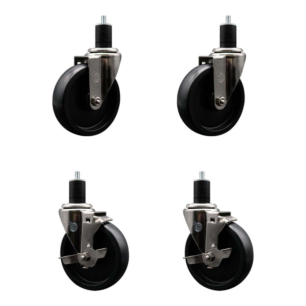 Stainless Steel Polyolefin Swivel Expanding Stem Caster Wheels Set of 4 with 5 Inch Black Wheels and 1-3/4" Stems-Includes 2 Swivel with Top Lock Brakes-1400 lbs. Total Capacity - Service Caster Brand — photo 1