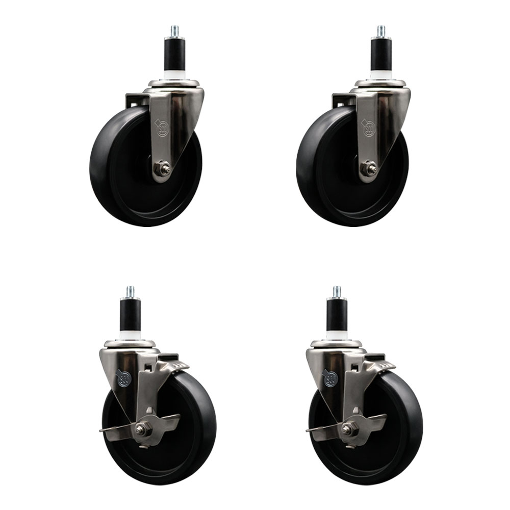 Stainless Steel Polyolefin Swivel Expanding Stem Caster Wheels Set of 4 with 5 Inch Black Wheels and 1-3/8" Stems-Includes 2 Swivel with Top Lock Brakes-1400 lbs. Total Capacity - Service Caster Brand — photo 1