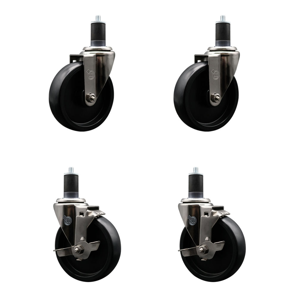Stainless Steel Polyolefin Swivel Expanding Stem Caster Wheels Set of 4 with 5 Inch Black Wheels and 1-5/8" Stems-Includes 2 Swivel with Top Lock Brakes-1400 lbs. Total Capacity - Service Caster Brand — photo 1