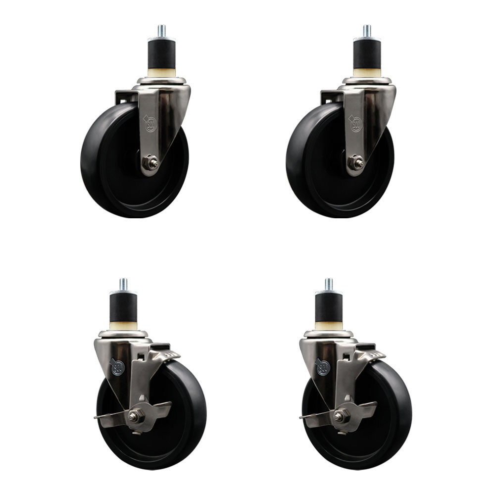 Stainless Steel Polyolefin Swivel Expanding Stem Caster Wheels Set of 4 with 5 Inch Black Wheels and 1-7/8" Stems-Includes 2 Swivel with Top Lock Brakes-1400 lbs. Total Capacity - Service Caster Brand — photo 1
