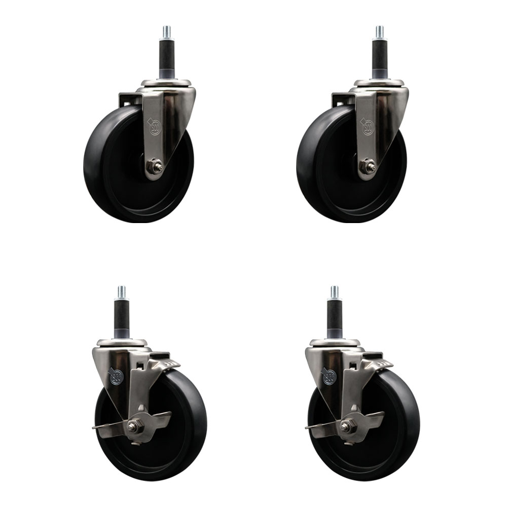 Stainless Steel Polyolefin Swivel Expanding Stem Caster Wheels Set of 4 with 5 Inch Black Wheels and 1" Stems-Includes 2 Swivel with Top Lock Brakes-1400 lbs. Total Capacity - Service Caster Brand — photo 1