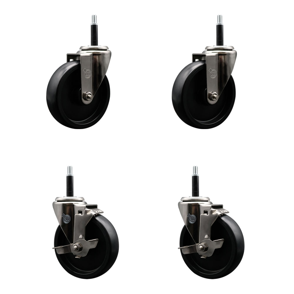 Stainless Steel Polyolefin Swivel Expanding Stem Caster Wheels Set of 4 with 5 Inch Black Wheels and 3/4" Stems-Includes 2 Swivel with Top Lock Brakes-1400 lbs. Total Capacity - Service Caster Brand — photo 1