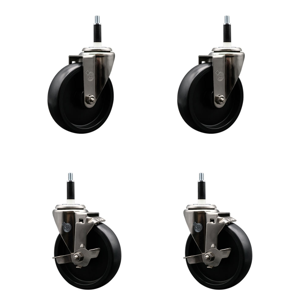 Stainless Steel Polyolefin Swivel Expanding Stem Caster Wheels Set of 4 with 5 Inch Black Wheels and 7/8" Stems-Includes 2 Swivel with Top Lock Brakes-1400 lbs. Total Capacity - Service Caster Brand — photo 1