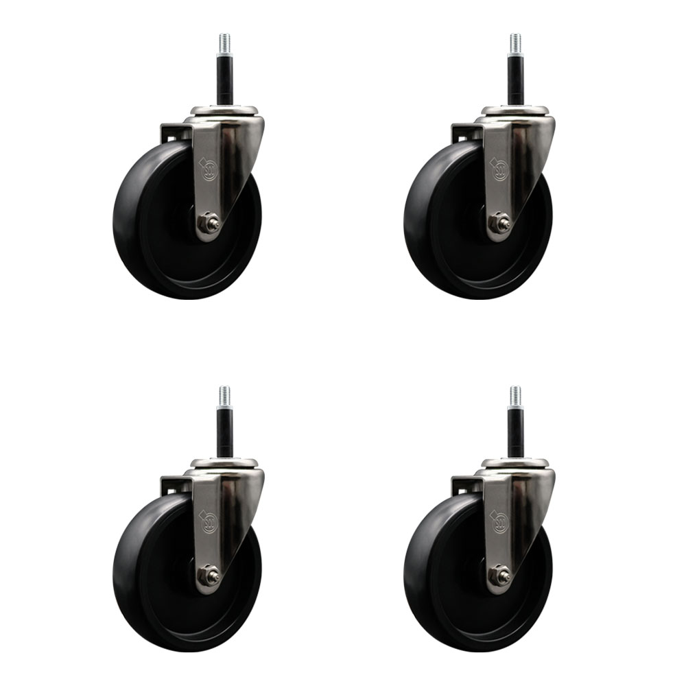 Stainless Steel Polyolefin Swivel Expanding Stem Caster Wheels Set of 4 with 5 Inch Black Wheels and 3/4" Stems - Includes 4 Swivel - 1400 lbs. Total Capacity - Service Caster Brand — photo 1