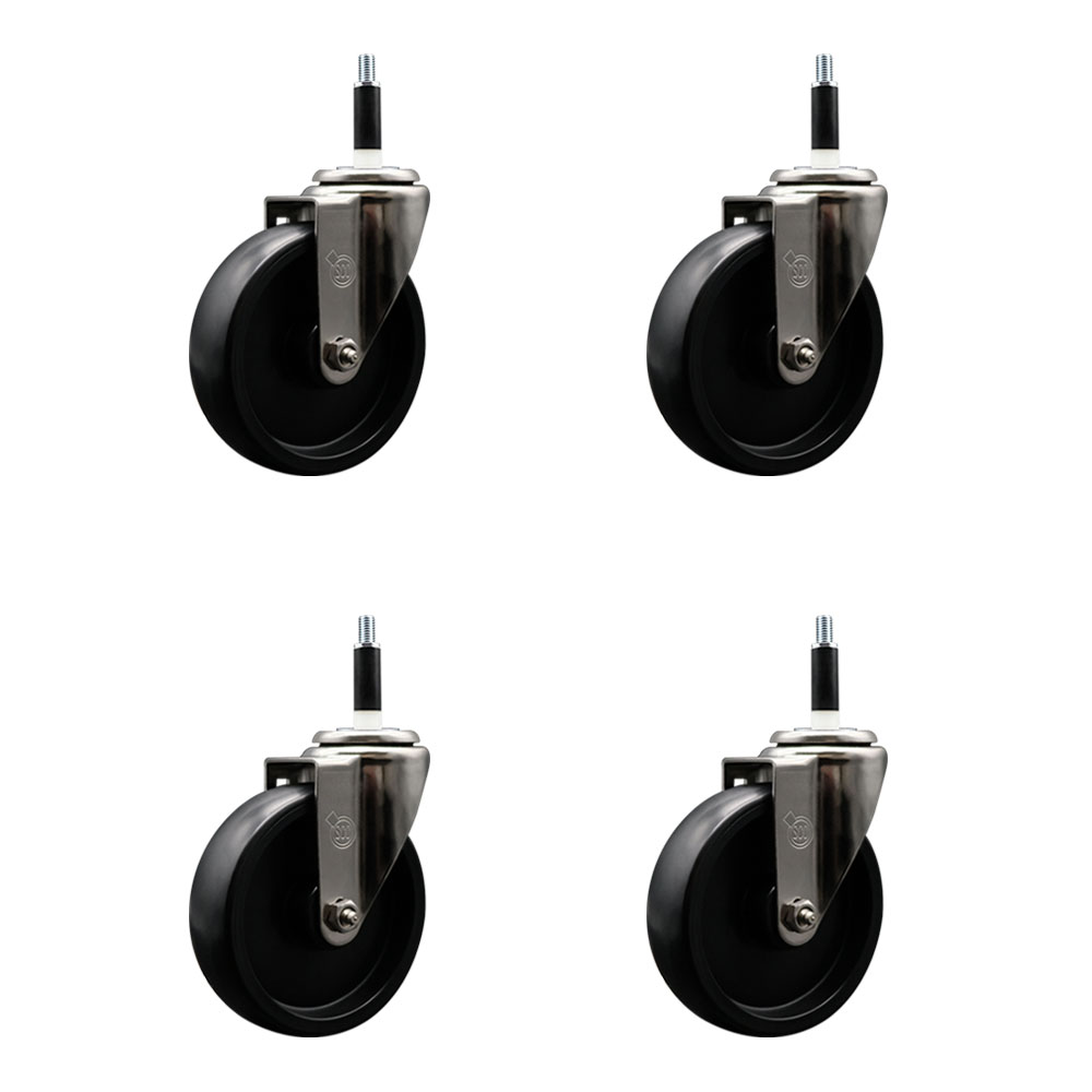 Stainless Steel Polyolefin Swivel Expanding Stem Caster Wheels Set of 4 with 5 Inch Black Wheels and 7/8" Stems - Includes 4 Swivel - 1400 lbs. Total Capacity - Service Caster Brand — photo 1