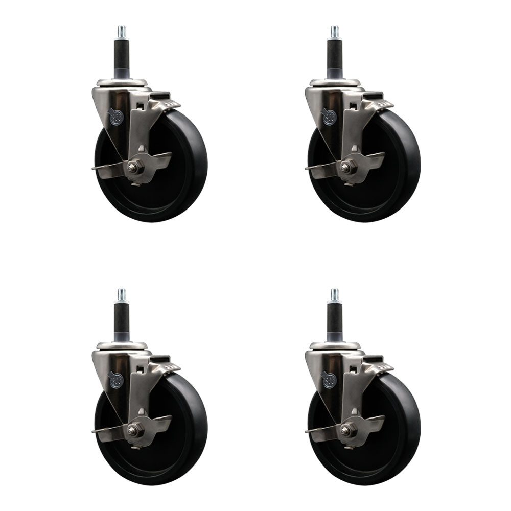 Stainless Steel Polyolefin Swivel Expanding Stem Caster Wheels Set of 4 with 5 Inch Black Wheels and 1" Stems-Includes 4 Swivel with Top Lock Brakes-1400 lbs. Total Capacity - Service Caster Brand — photo 1