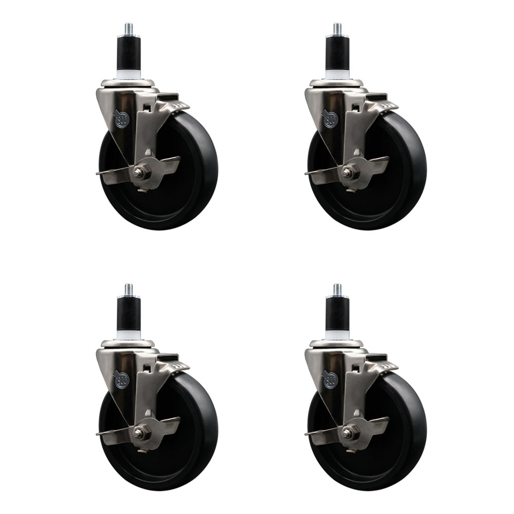 Stainless Steel Polyolefin Swivel Expanding Stem Caster Wheels Set of 4 with 5 Inch Black Wheels and 1-1/2" Stems-Includes 4 Swivel with Top Lock Brakes-1400 lbs. Total Capacity - Service Caster Brand — photo 1