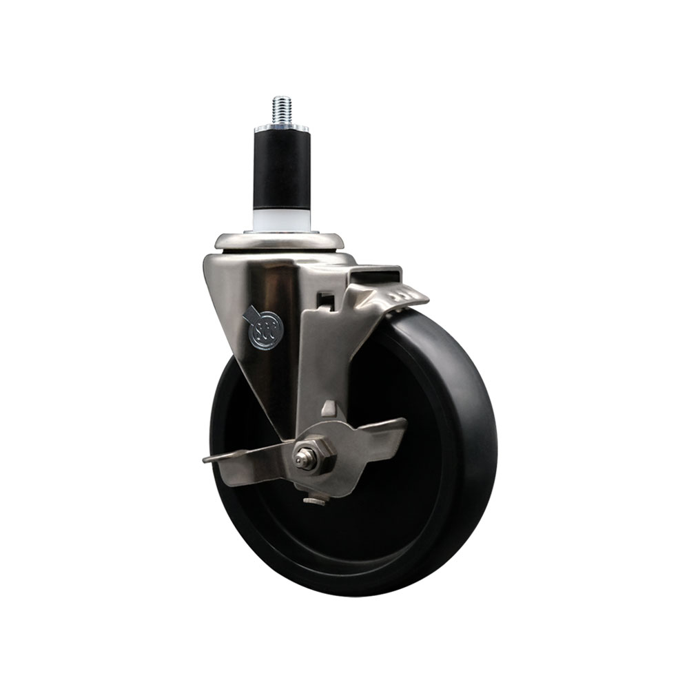 Stainless Steel Polyolefin Expanding Stem Swivel Caster Wheel with 5 Inch Black Wheel and 1-1/2" Stem and Top Lock Brake - 350 lbs. Capacity Per Caster - Service Caster Brand — photo 1