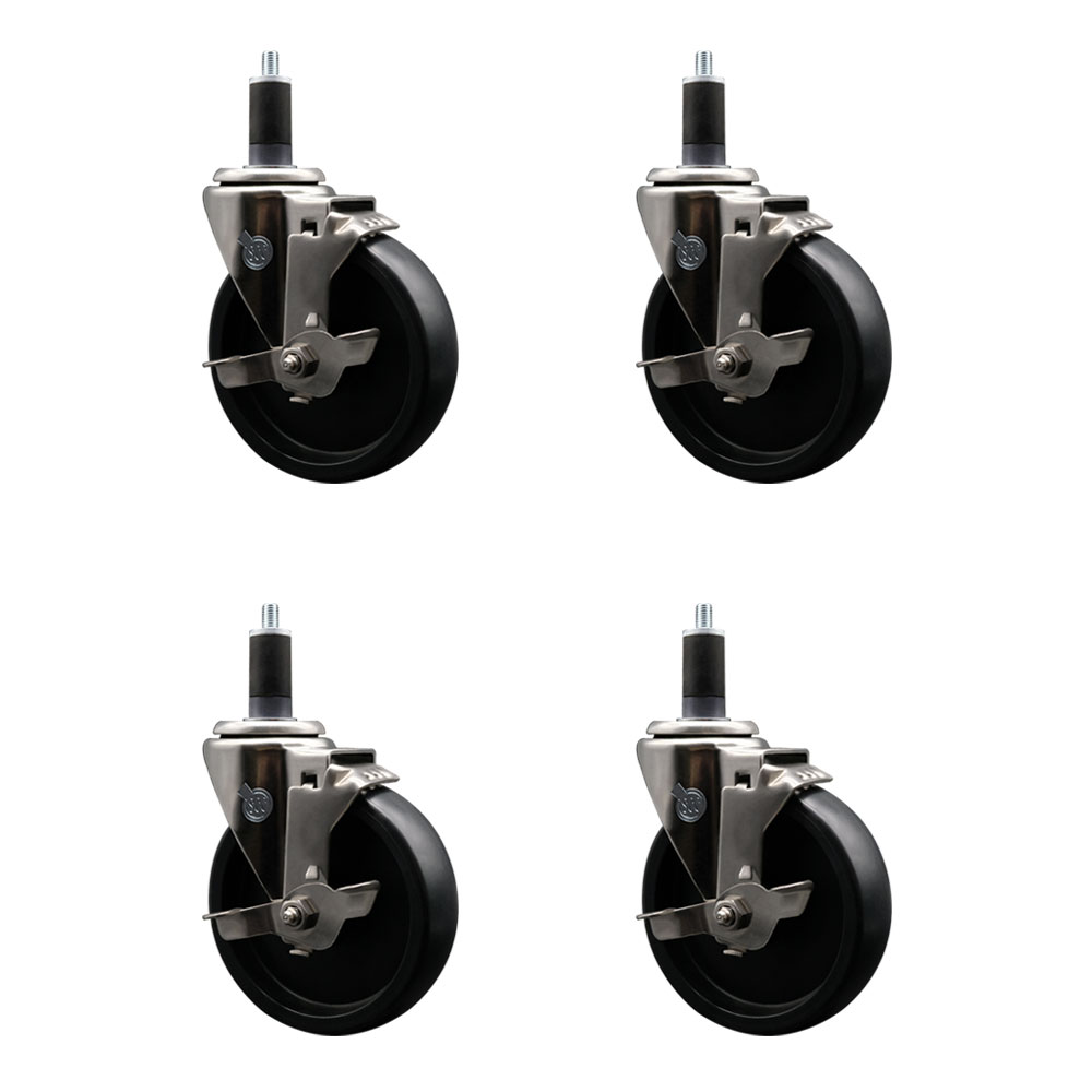 Stainless Steel Polyolefin Swivel Expanding Stem Caster Wheels Set of 4 with 5 Inch Black Wheels and 1-1/4" Stems-Includes 4 Swivel with Top Lock Brakes-1400 lbs. Total Capacity - Service Caster Brand — photo 1