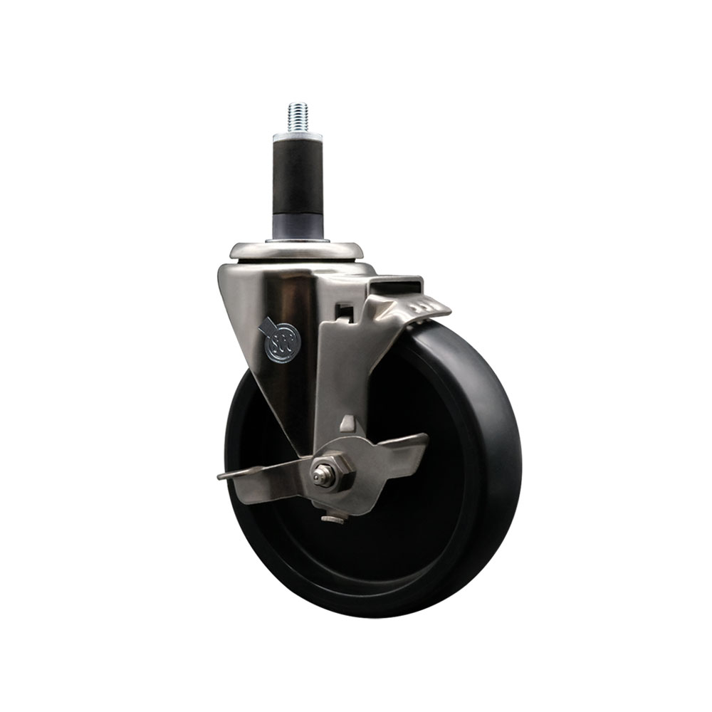 Stainless Steel Polyolefin Expanding Stem Swivel Caster Wheel with 5 Inch Black Wheel and 1-1/4" Stem and Top Lock Brake - 350 lbs. Capacity Per Caster - Service Caster Brand — photo 1