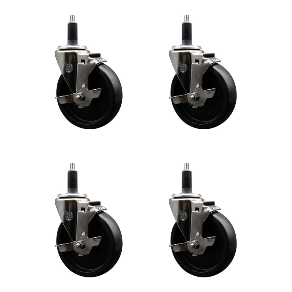 Stainless Steel Polyolefin Swivel Expanding Stem Caster Wheels Set of 4 with 5 Inch Black Wheels and 1-1/8" Stems-Includes 4 Swivel with Top Lock Brakes-1400 lbs. Total Capacity - Service Caster Brand — photo 1
