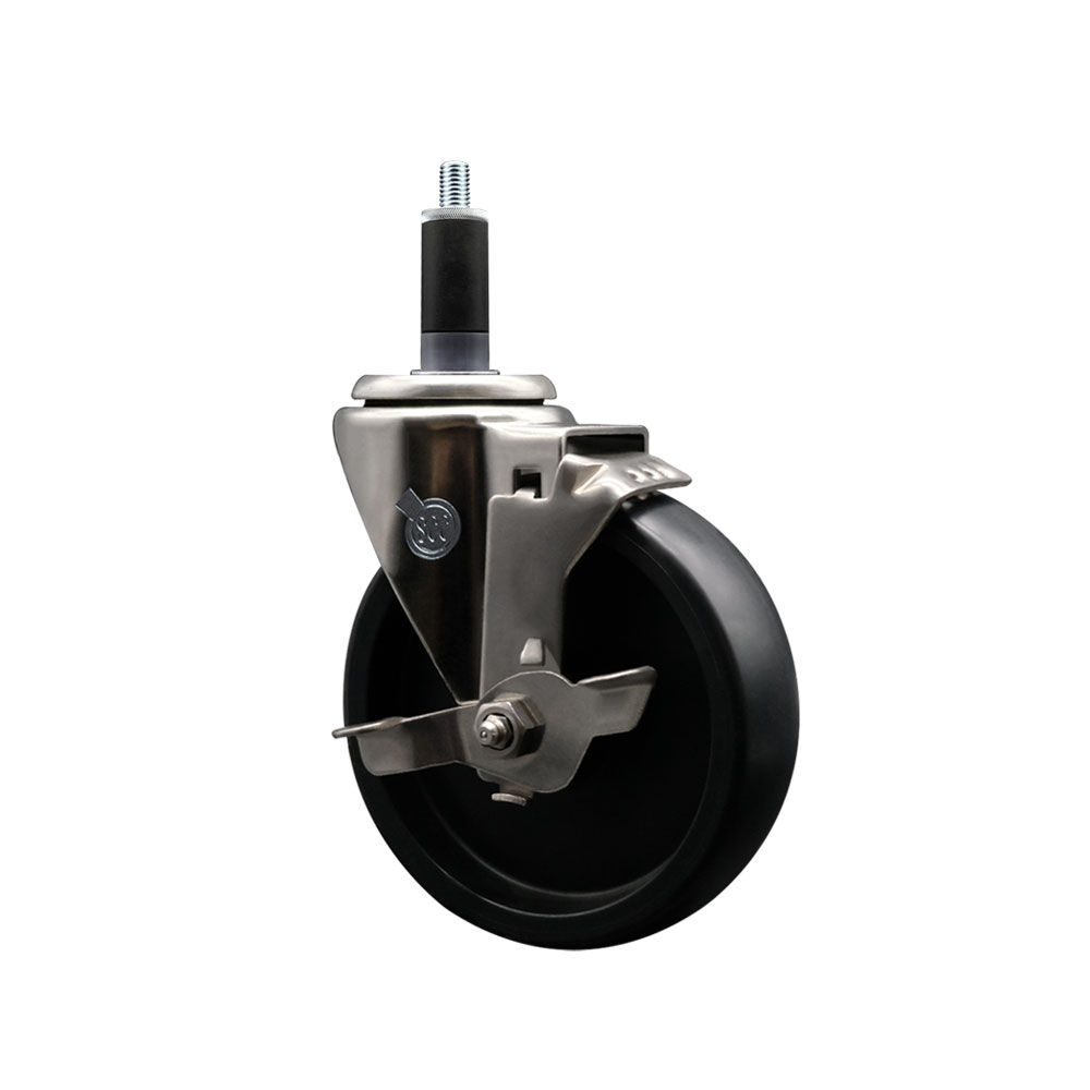 Stainless Steel Polyolefin Expanding Stem Swivel Caster Wheel with 5 Inch Black Wheel and 1-1/8" Stem and Top Lock Brake - 350 lbs. Capacity Per Caster - Service Caster Brand — photo 1