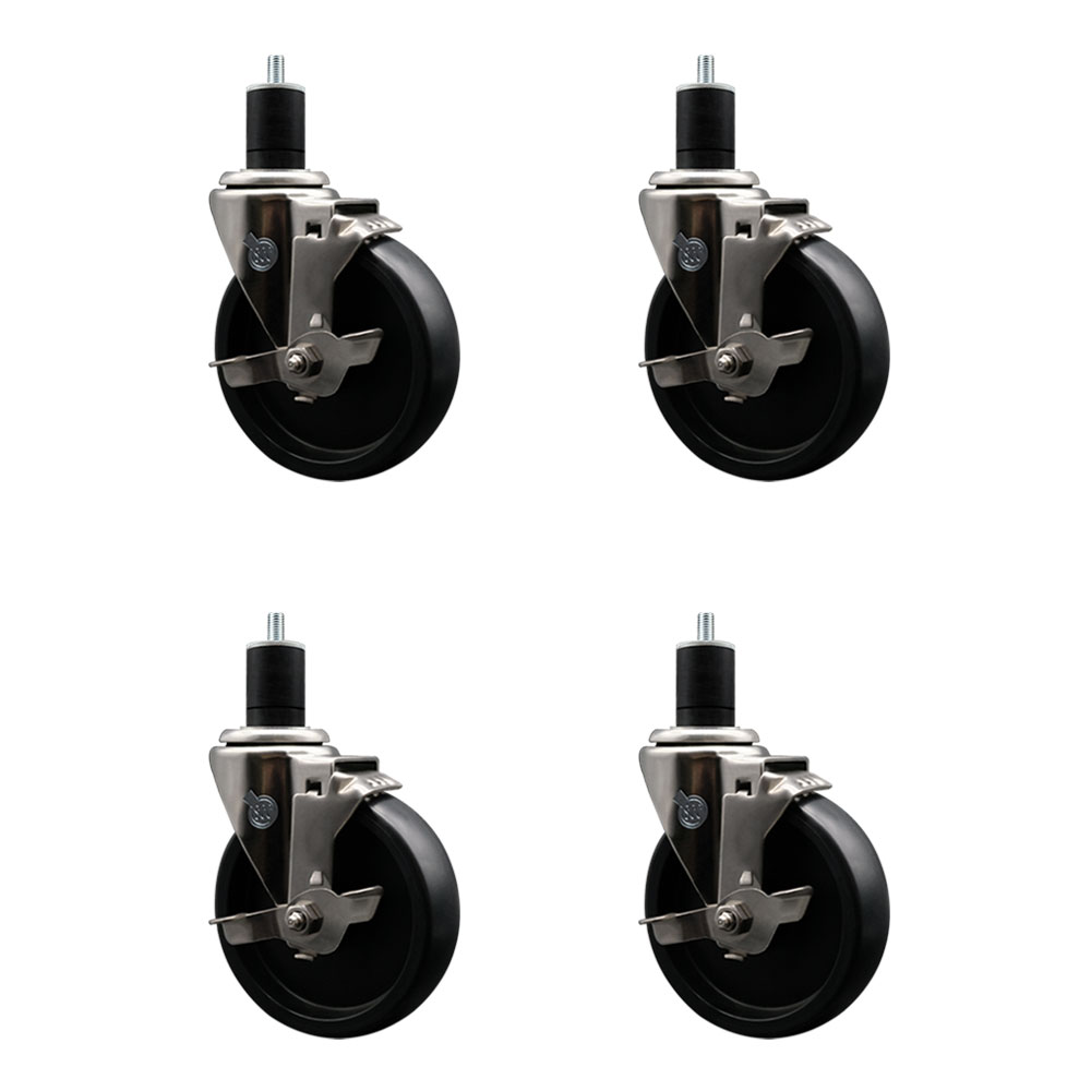 Stainless Steel Polyolefin Swivel Expanding Stem Caster Wheels Set of 4 with 5 Inch Black Wheels and 1-3/4" Stems-Includes 4 Swivel with Top Lock Brakes-1400 lbs. Total Capacity - Service Caster Brand — photo 1
