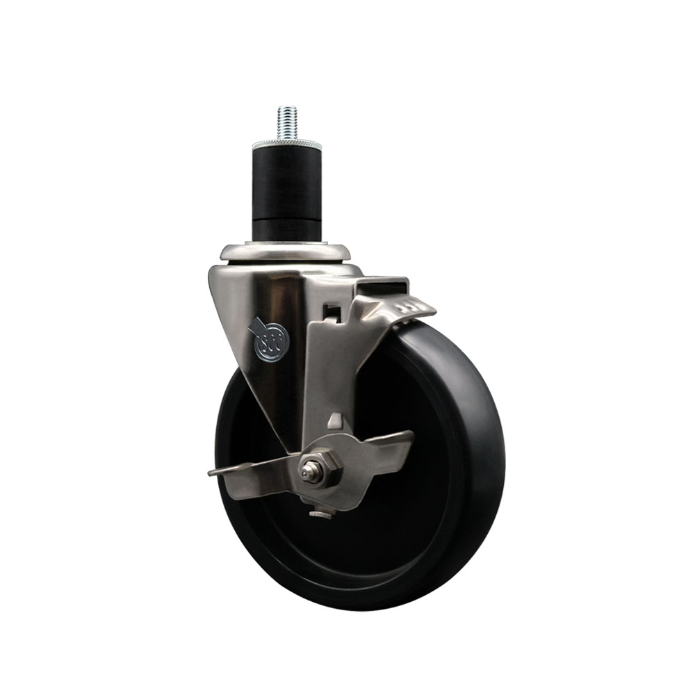 Stainless Steel Polyolefin Expanding Stem Swivel Caster Wheel with 5 Inch Black Wheel and 1-3/4" Stem and Top Lock Brake - 350 lbs. Capacity Per Caster - Service Caster Brand — photo 1