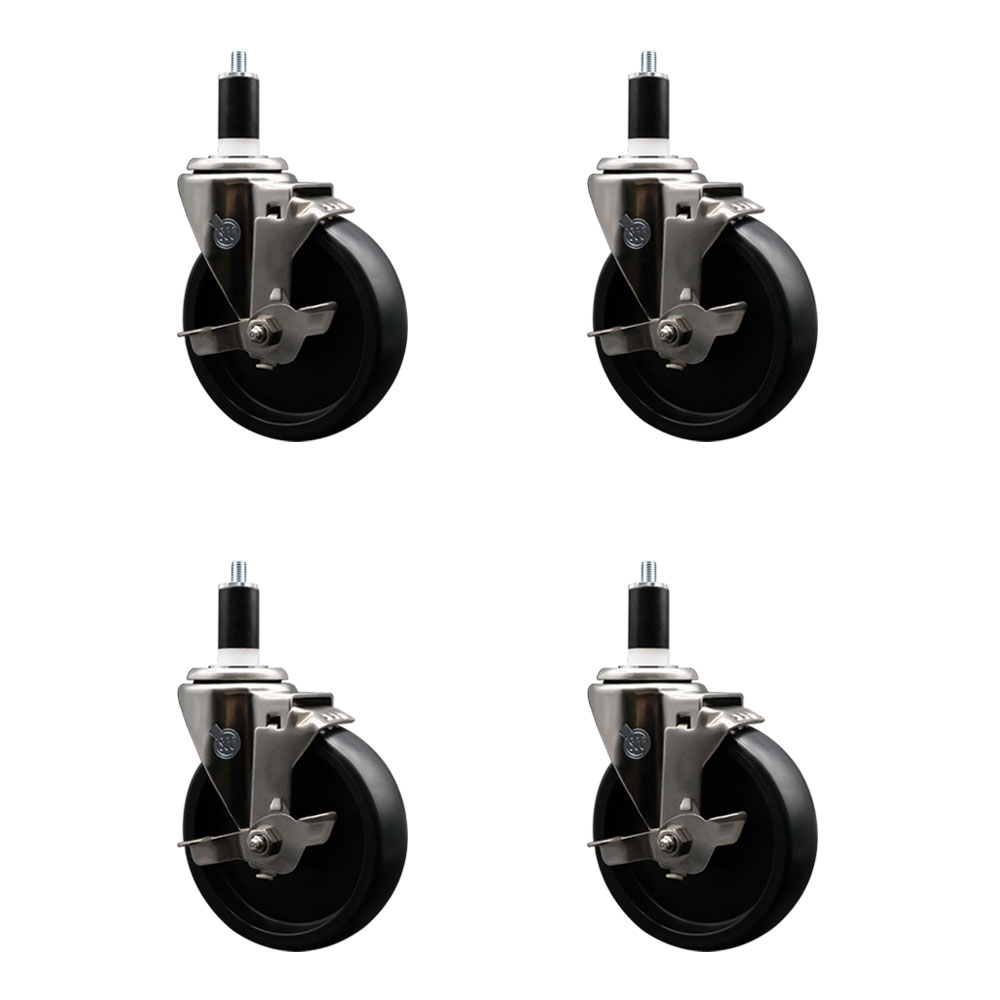 Stainless Steel Polyolefin Swivel Expanding Stem Caster Wheels Set of 4 with 5 Inch Black Wheels and 1-3/8" Stems-Includes 4 Swivel with Top Lock Brakes-1400 lbs. Total Capacity - Service Caster Brand — photo 1