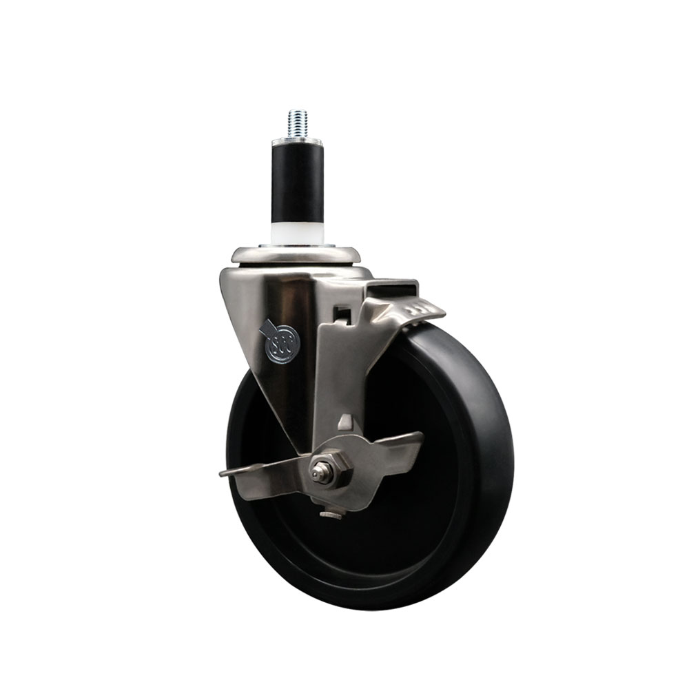 Stainless Steel Polyolefin Expanding Stem Swivel Caster Wheel with 5 Inch Black Wheel and 1-3/8" Stem and Top Lock Brake - 350 lbs. Capacity Per Caster - Service Caster Brand — photo 1