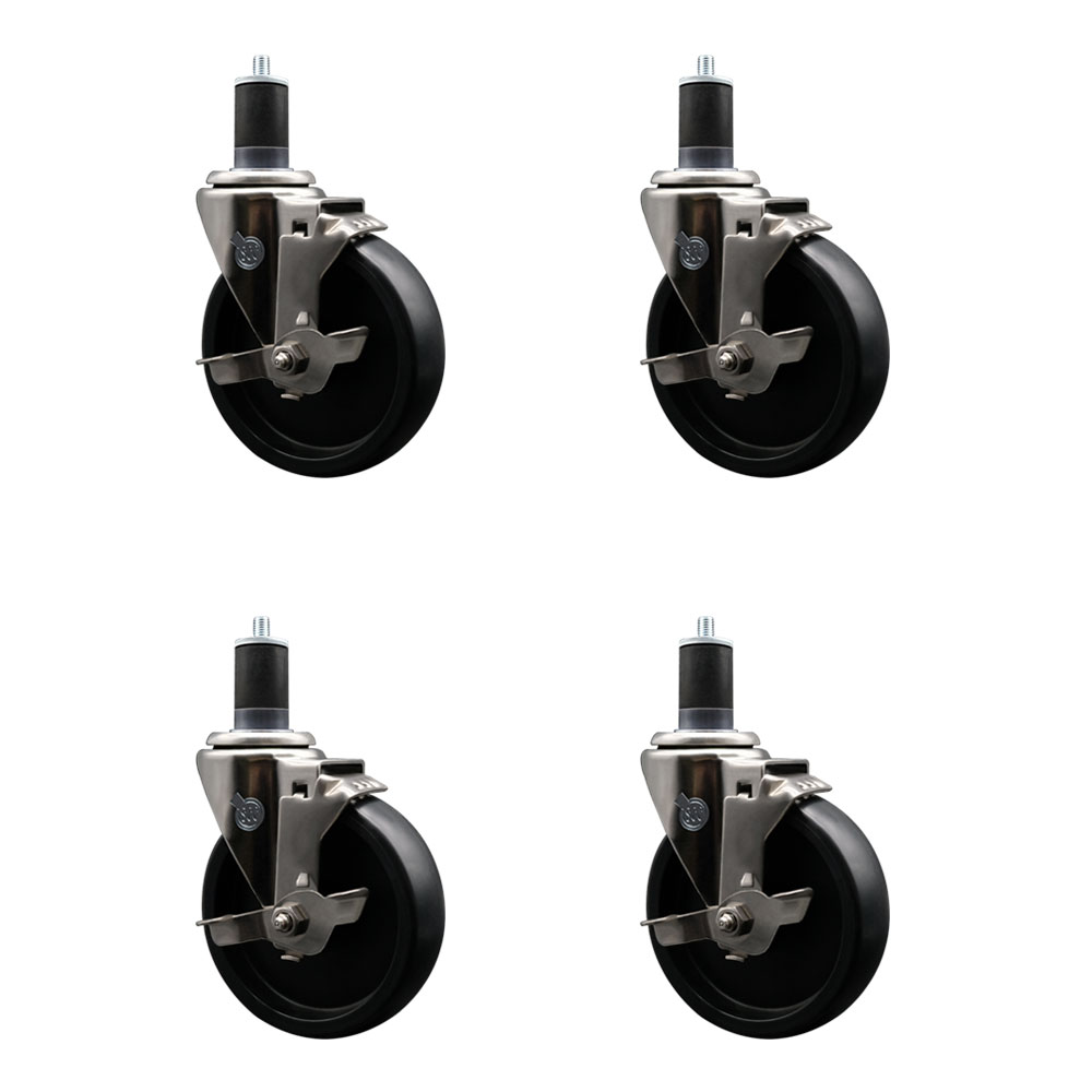 Stainless Steel Polyolefin Swivel Expanding Stem Caster Wheels Set of 4 with 5 Inch Black Wheels and 1-5/8" Stems-Includes 4 Swivel with Top Lock Brakes-1400 lbs. Total Capacity - Service Caster Brand — photo 1