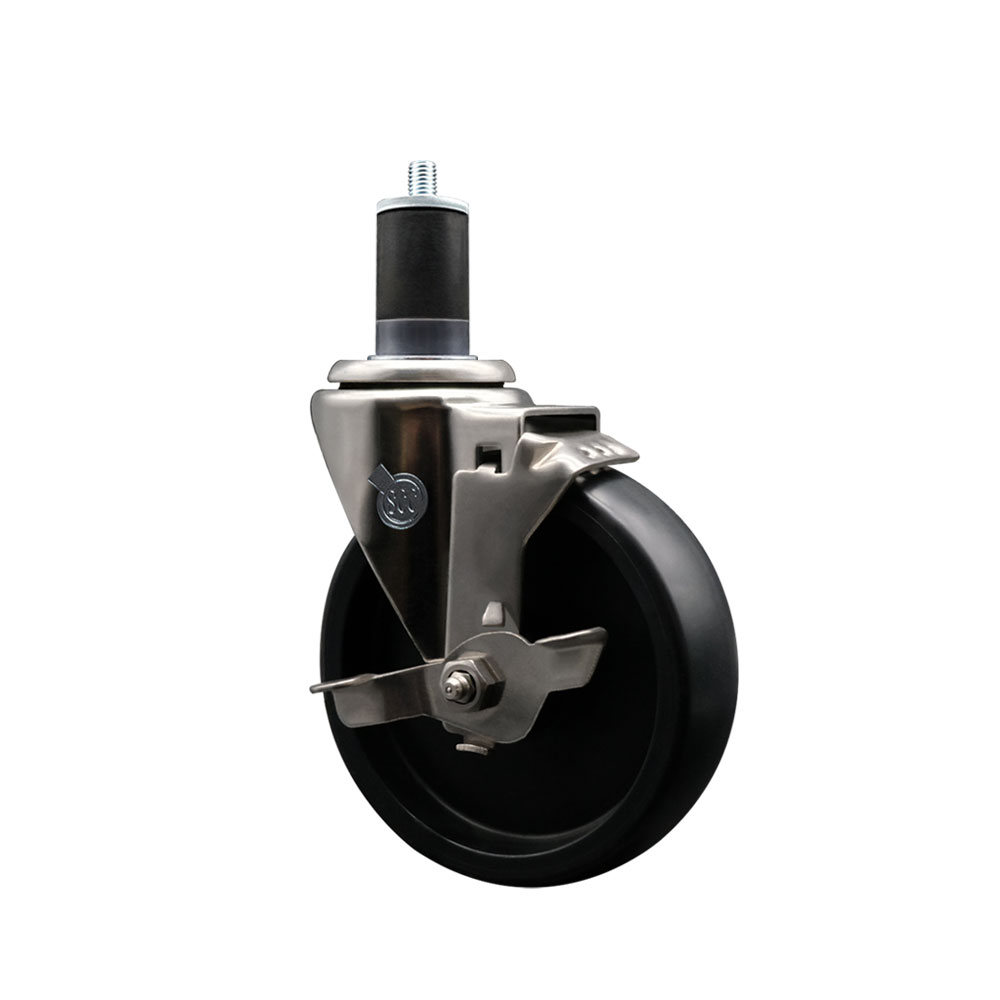 Stainless Steel Polyolefin Expanding Stem Swivel Caster Wheel with 5 Inch Black Wheel and 1-5/8" Stem and Top Lock Brake - 350 lbs. Capacity Per Caster - Service Caster Brand — photo 1