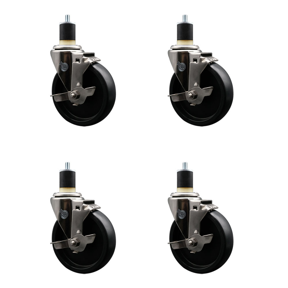 Stainless Steel Polyolefin Swivel Expanding Stem Caster Wheels Set of 4 with 5 Inch Black Wheels and 1-7/8" Stems-Includes 4 Swivel with Top Lock Brakes-1400 lbs. Total Capacity - Service Caster Brand — photo 1