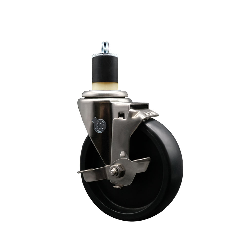 Stainless Steel Polyolefin Expanding Stem Swivel Caster Wheel with 5 Inch Black Wheel and 1-7/8" Stem and Top Lock Brake - 350 lbs. Capacity Per Caster - Service Caster Brand — photo 1