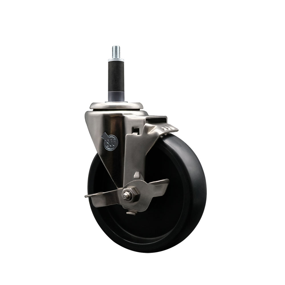 Stainless Steel Polyolefin Expanding Stem Swivel Caster Wheel with 5 Inch Black Wheel and 1" Stem and Top Lock Brake - 350 lbs. Capacity Per Caster - Service Caster Brand — photo 1