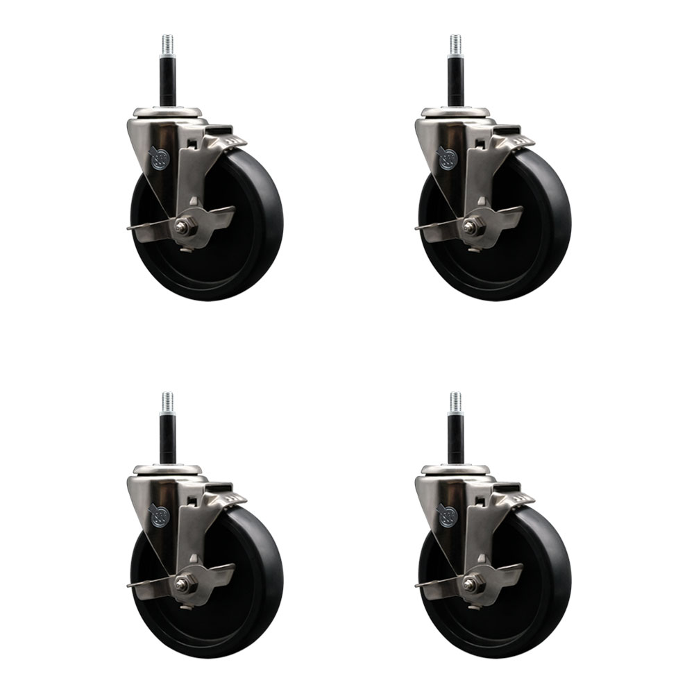 Stainless Steel Polyolefin Swivel Expanding Stem Caster Wheels Set of 4 with 5 Inch Black Wheels and 3/4" Stems-Includes 4 Swivel with Top Lock Brakes-1400 lbs. Total Capacity - Service Caster Brand — photo 1