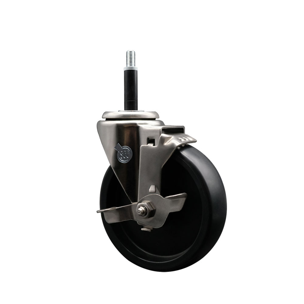 Stainless Steel Polyolefin Expanding Stem Swivel Caster Wheel with 5 Inch Black Wheel and 3/4" Stem and Top Lock Brake - 350 lbs. Capacity Per Caster - Service Caster Brand — photo 1