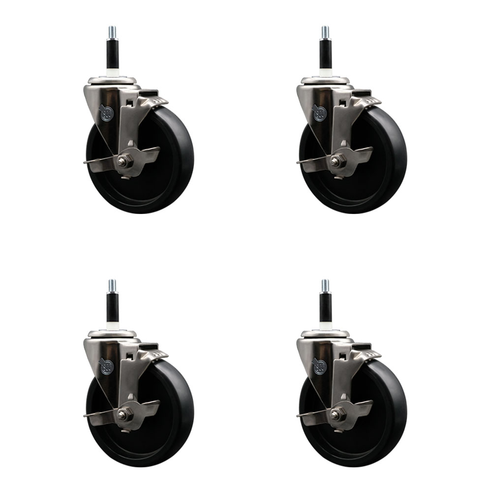 Stainless Steel Polyolefin Swivel Expanding Stem Caster Wheels Set of 4 with 5 Inch Black Wheels and 7/8" Stems-Includes 4 Swivel with Top Lock Brakes-1400 lbs. Total Capacity - Service Caster Brand — photo 1