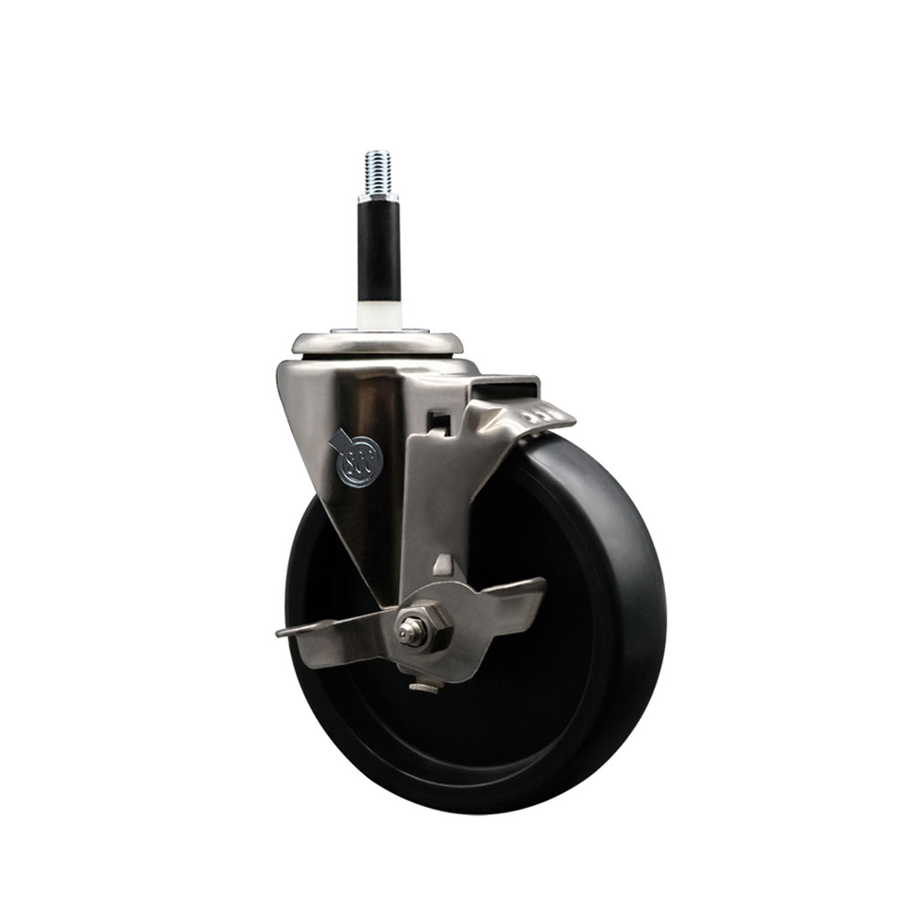 Stainless Steel Polyolefin Expanding Stem Swivel Caster Wheel with 5 Inch Black Wheel and 7/8" Stem and Top Lock Brake - 350 lbs. Capacity Per Caster - Service Caster Brand — photo 1