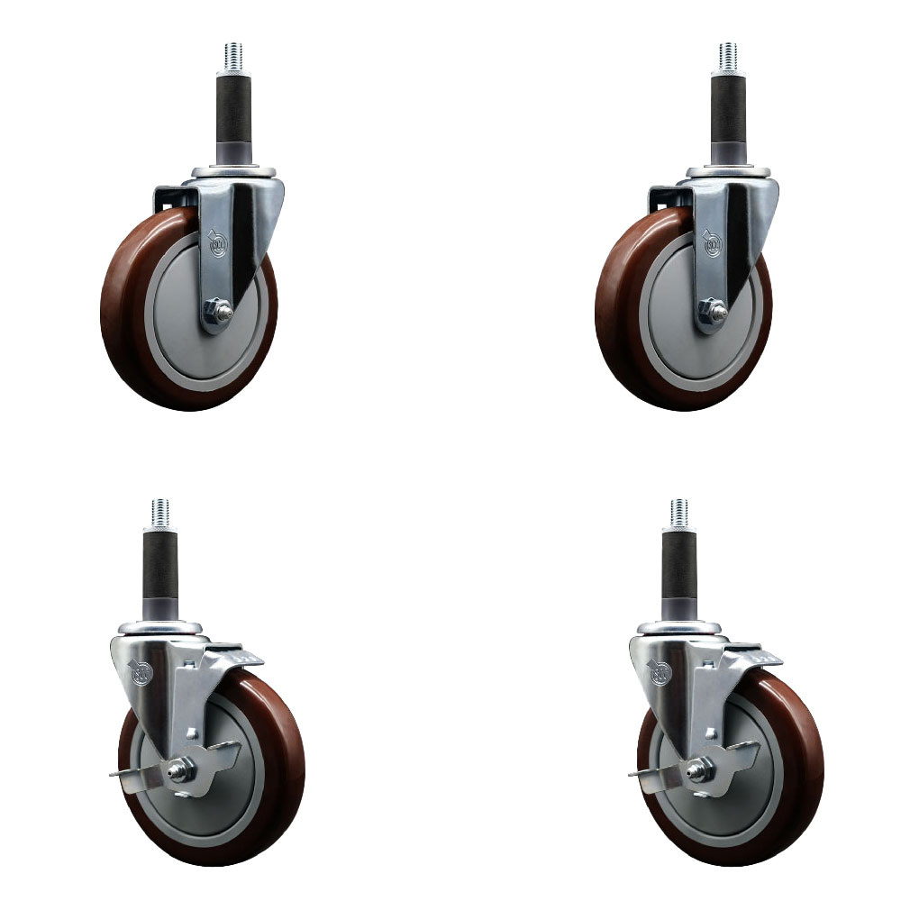 Stainless Steel Polyurethane Swivel Expanding Stem Caster Set of 4 with 5 Inch Maroon Wheels and 1" Stems - Includes 2 with Top Locking Brakes - 1400 lbs Total Capacity - Service Caster Brand — photo 1
