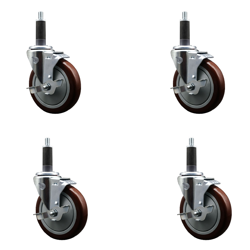Stainless Steel Polyurethane Swivel Expanding Stem Caster Set of 4 with 5 Inch Maroon Wheels and 1" Stems - 4 Swivel with Top Locking Brakes - 350 lbs. Capacity Per Caster - Service Caster Brand — photo 1