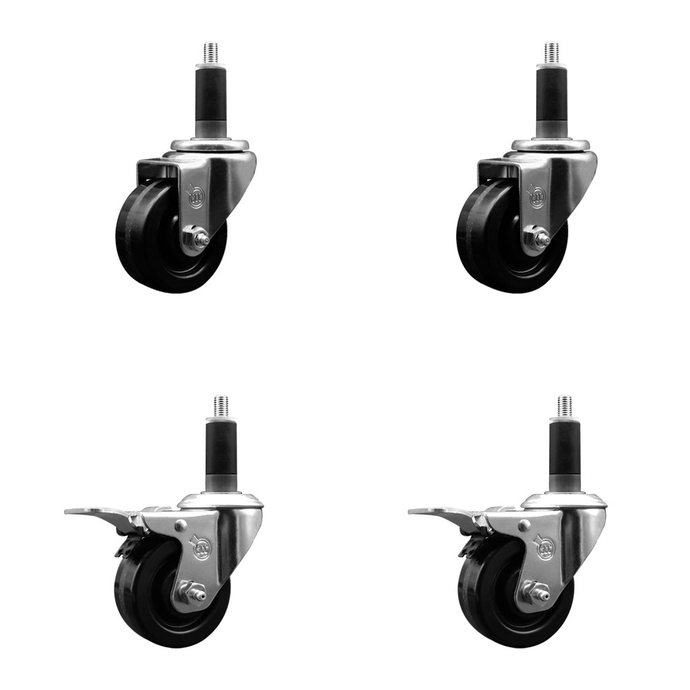 Stainless Steel Phenolic Swivel Expanding Stem Caster Set of 4 with 3 Inch Black Wheels and 1-1/8" Stems - Includes 2 with Total Locking Brakes - 1200 lbs Total Capacity - Service Caster Brand — photo 1