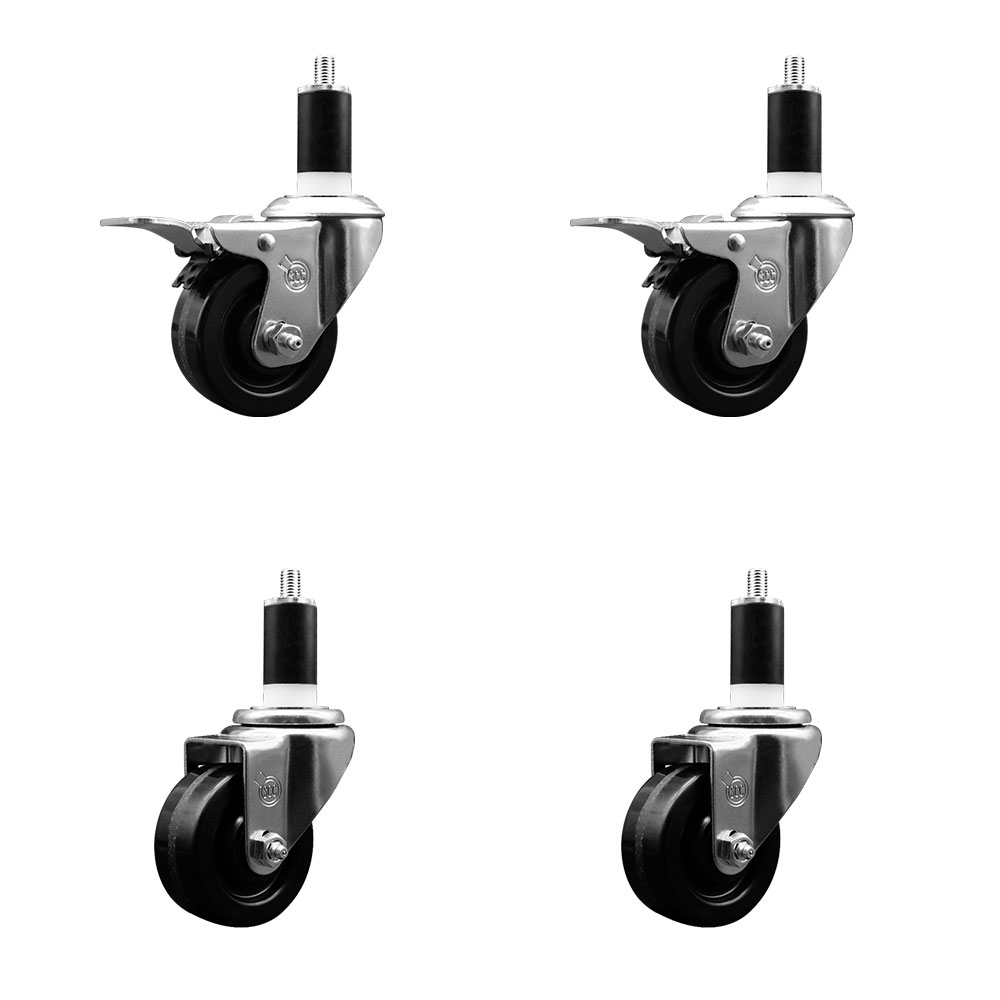 Stainless Steel Phenolic Swivel Expanding Stem Caster Set of 4 with 3 Inch Black Wheels and 1-3/8" Stems - Includes 2 with Total Locking Brakes - 1200 lbs Total Capacity - Service Caster Brand — photo 1
