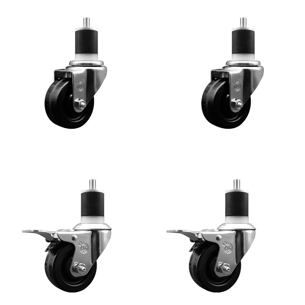 Stainless Steel Phenolic Swivel Expanding Stem Caster Set of 4 with 3 Inch Black Wheels and 1-7/8" Stems - Includes 2 with Total Locking Brakes - 1200 lbs Total Capacity - Service Caster Brand — photo 1
