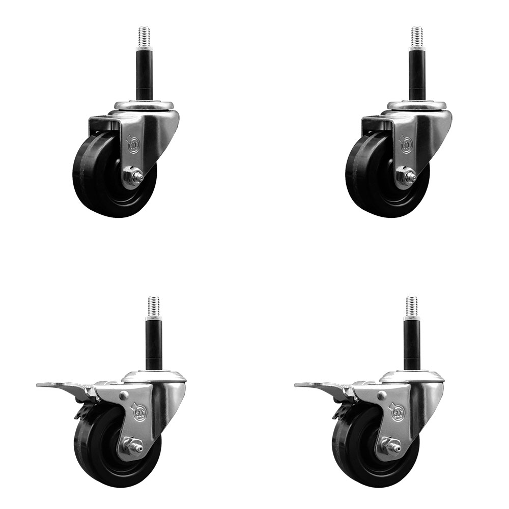 Stainless Steel Phenolic Swivel Expanding Stem Caster Set of 4 with 3 Inch Black Wheels and 3/4" Stems - Includes 2 with Total Locking Brakes - 1200 lbs Total Capacity - Service Caster Brand — photo 1