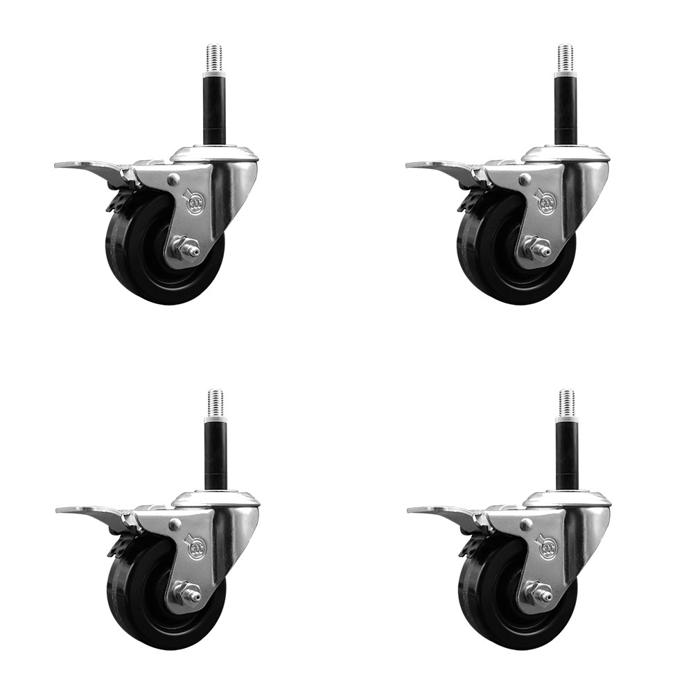 Stainless Steel Phenolic Swivel Expanding Stem Caster Set of 4 with 3 Inch Black Wheels and 3/4" Stems - 4 Swivel with Total Locking Brakes - 300 lbs. Capacity Per Caster - Service Caster Brand — photo 1